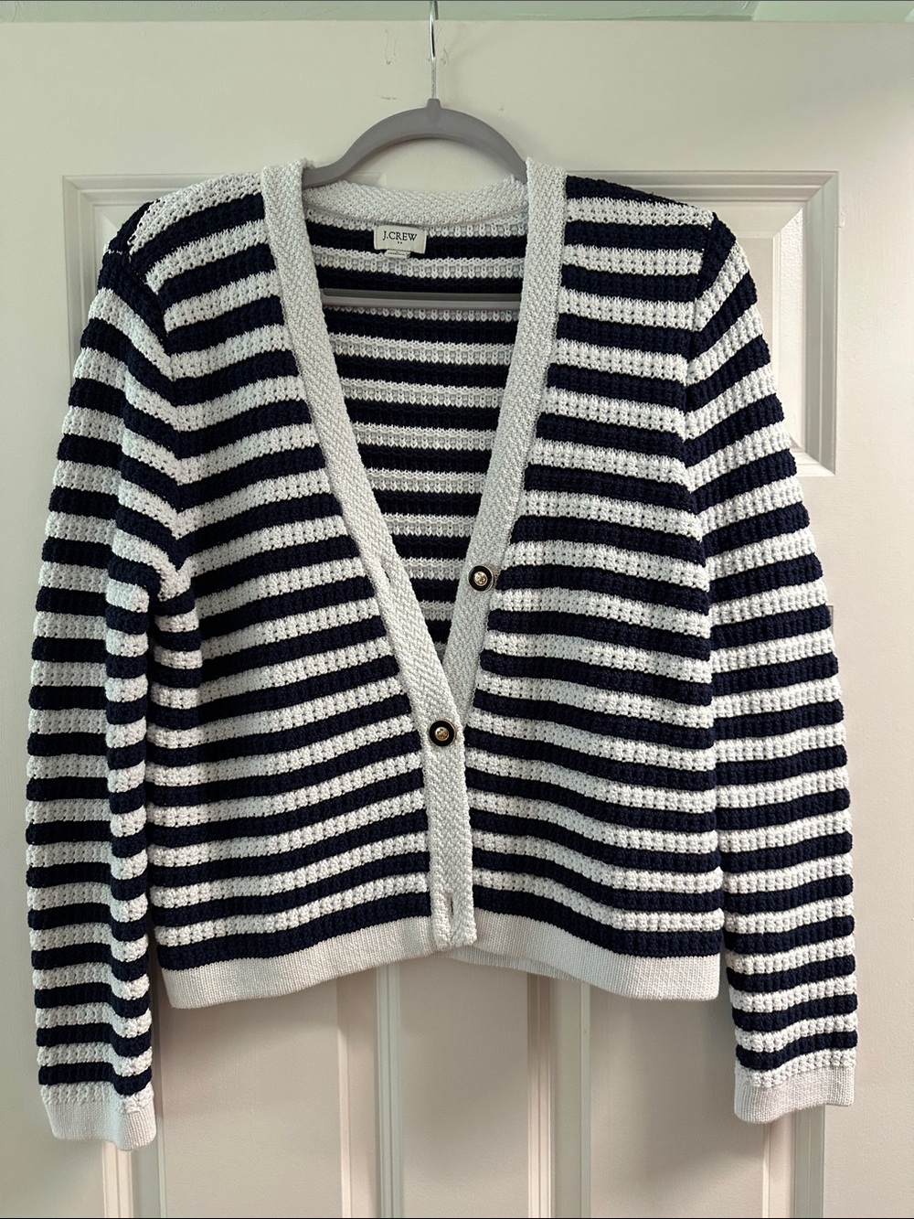 J. Crew Navy and White Striped V‑Neck Cardigan